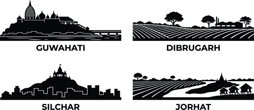 Assam major cities skyline silhouettes bundle featuring Guwahati Dibrugarh Silchar and Jorhat traditional tea garden agricultural landmarks
