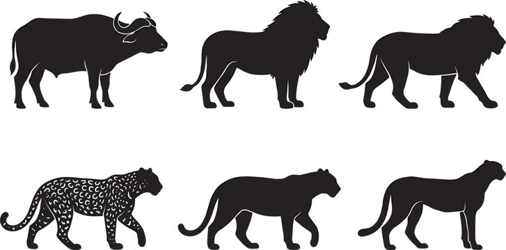 African safari big five animal black silhouette icon set featuring cape buffalo male lions cheetah and leopard