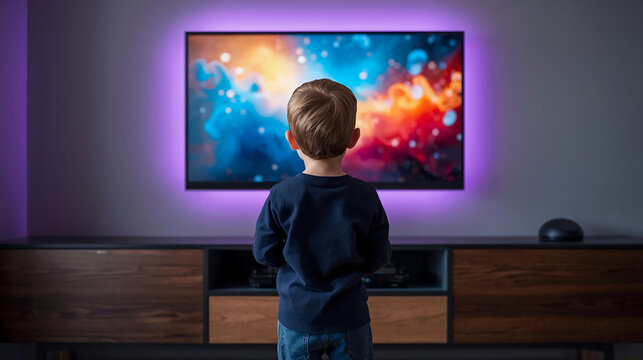 A young boy stands facing a large TV screen with colorful visuals, backlit by purple ambient light in a dark room.
