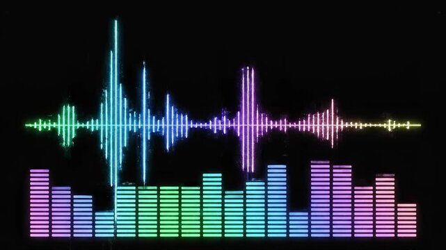 Colorful sound waves and audio spectrum visualizations evolve against a dark background with subtle lighting
