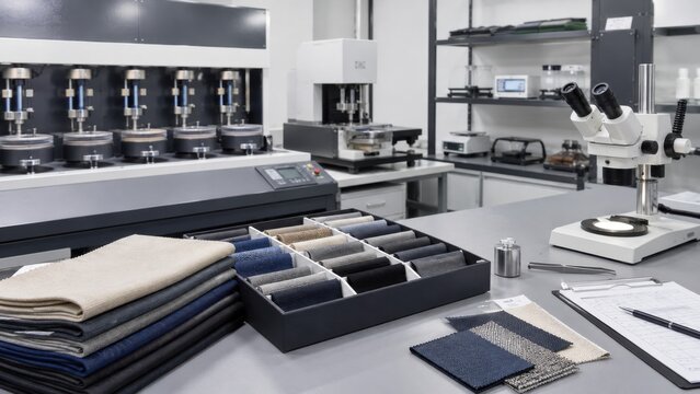 Fabric testing setup in a laboratory for material analysis, featuring various textile samples and scientific equipment for quality assessment and research