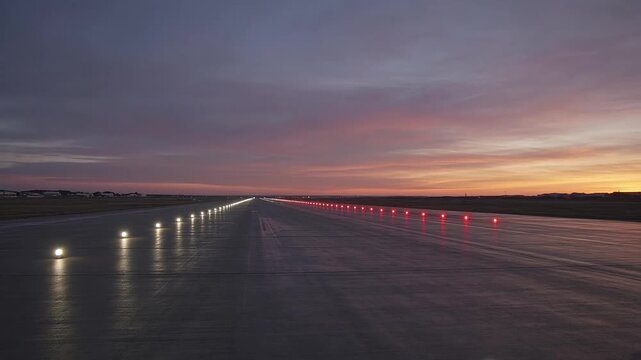Airport runway with lights at dusk with colorful sky