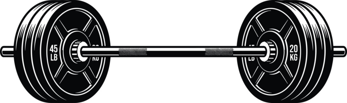 Heavy gym barbell vector illustration featuring loaded weight plates on steel bar for strength training fitness concepts