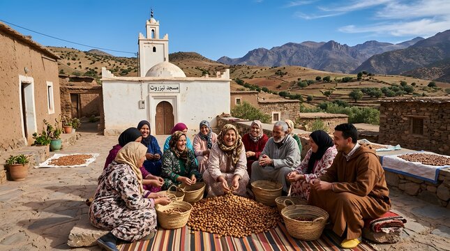 Diverse Berber villagers gather in traditional Moroccan village square for communal food preparation, cultural scene