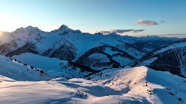 Snowy mountain peaks bathed in golden hour sunlight with cinematic camera drift