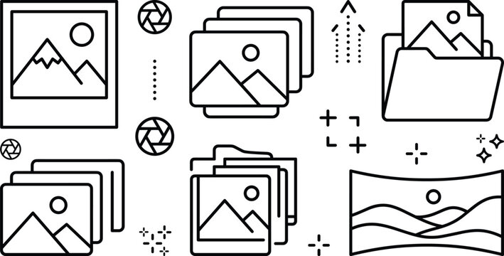 Photo gallery image folder line icon set vector elements for photography file management picture preview panoramic media