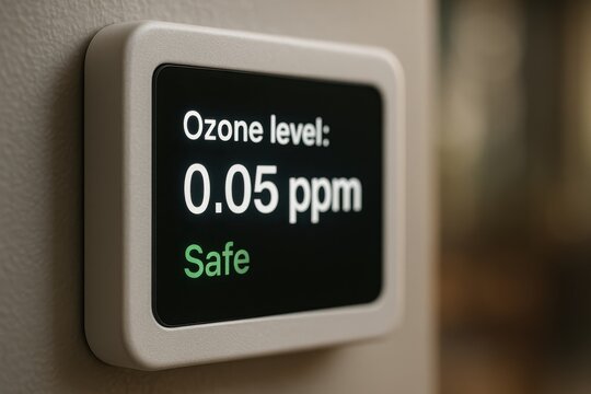 A wall-mounted digital display indicates safe ozone level of 0.05 ppm, suggesting active air monitoring in a secure indoor area.
