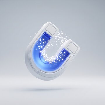 3D Lead Generation Magnet Icon White Horseshoe Magnet Attracting Glowing Blue Data Particles for Marketing UI UX