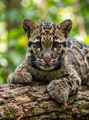 Fototapeta premium Portrait of a Rare Clouded Leopard Cub Resting on a Mossy Tree Branch in the Lush Tropical Rainforest Jungle