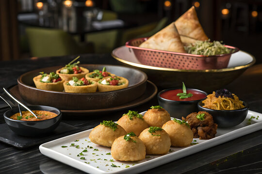 Indian Street Food Tasting Menu &mdash; miniature samosa, pani puri, vada pav, dahi puri and kebab arranged in a sophisticated multi-course composition, luxury restaurant aesthetic, cinematic lighting.