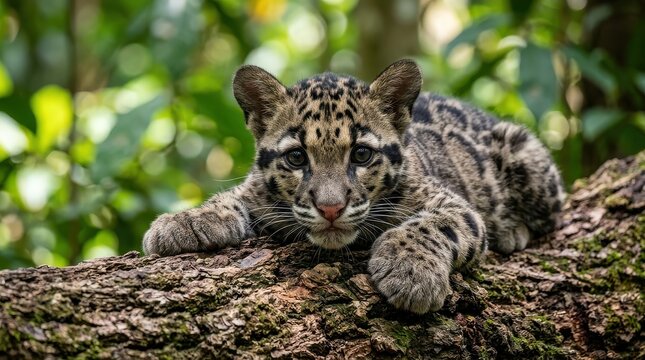 Adorable Clouded Leopard Cub Resting on a Mossy Tree Branch in the Lush Tropical Rainforest Jungle