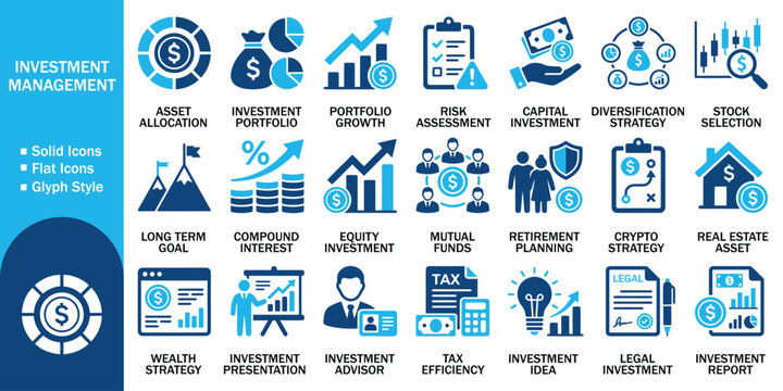 Investment management solid flat icons set vector illustration. Asset allocation, investment portfolio, risk assessment, stock selection, compound interest, real estate, and tax efficiency symbol.