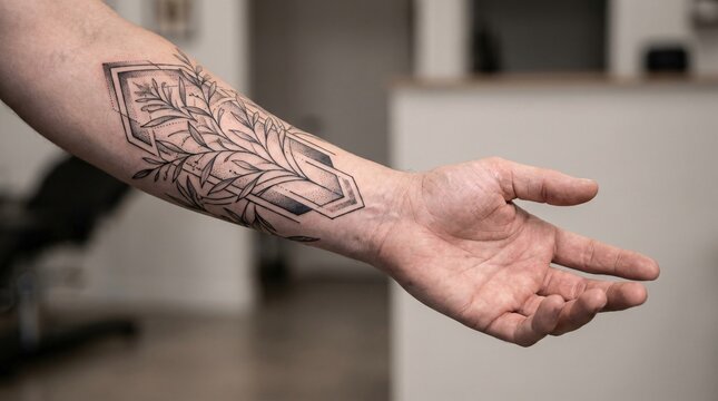 Person showcasing intricate tribal tattoo design on forearm.