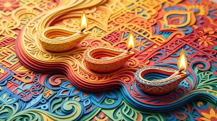 Naklejka premium Colorful diwali lamps arranged on a vibrant textile background celebrating the festival of lights and indian culture