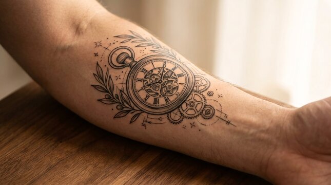 Intricate black ink tattoo design on human forearm with ornate patterns.