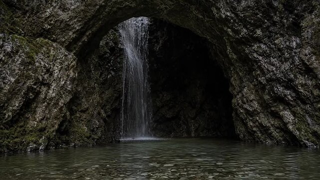 Small Waterfall Flowing Into a Pool Inside a Rocky Cave