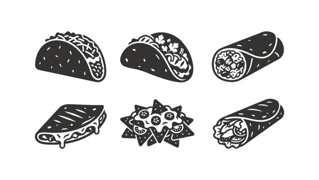 Assorted Mexican food icons: tacos, burrito, nachos, and quesadilla. Flat vector illustration EPS 10.