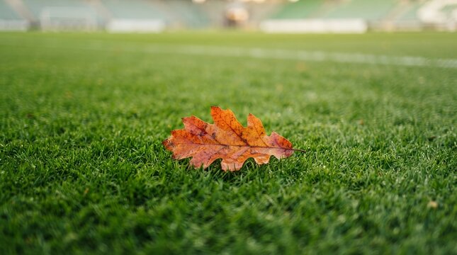 Single Autumn Leaf on Green Grass Field.