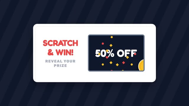 Scratch and win ticket animation, revealing discount prize, dynamic motion graphics, symbolizing luck and reward, representing chance and excitement.