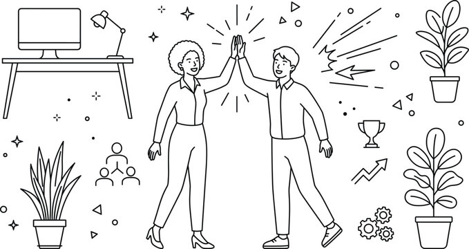 Office Teamwork Success High Five Coworkers Character Doodle Set with Business Furniture Elements
