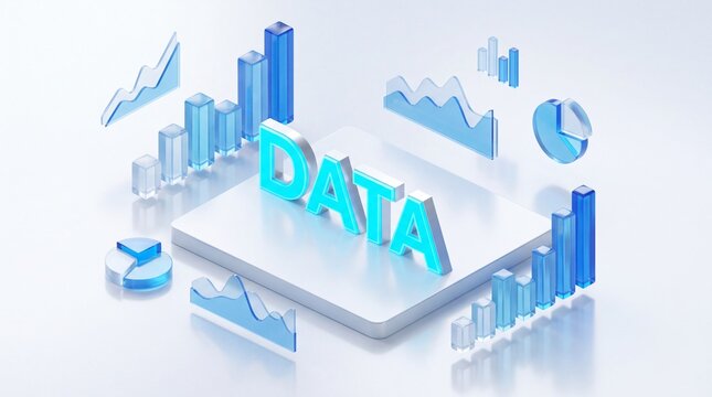 Isometric word data with glass charts and graphs on a white platform representing business analytics with representing digital information platform surrounded,  32k image