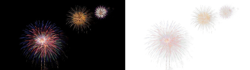 Fototapeta premium Colorful fireworks display in the night sky, vibrant pyrotechnic explosions with bright trails of light for festive celebrations and holiday events isolated on transparent background