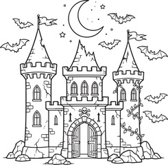 Obraz premium Black White Halloween Haunted Castle Outline Isolated For Kids Coloring Book Spooky Fantasy Cartoon Design