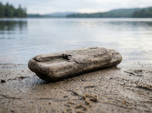 Weathered driftwood log rests on a sandy shore beside a calm lake.