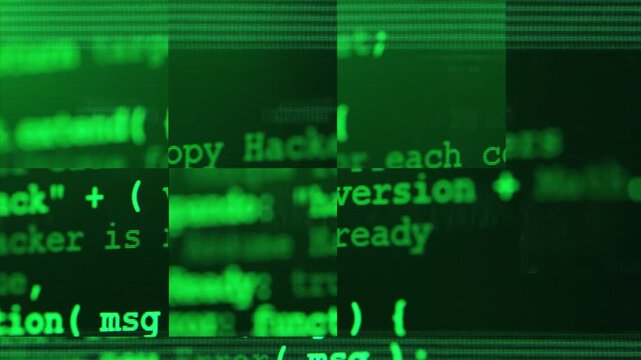 Close up of computer screen with green programming code, glitch distortion and digital noise, futuristic hacker background, system error, data corruption and cybersecurity concept. Software hack
