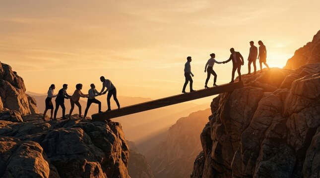 People crossing a chasm on a narrow plank bridge during a golden sunset symbolizing teamwork and partnership