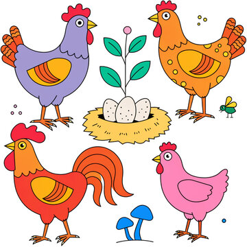 Set of colorful hen, chicken, chick, rooster and nest with eggs. Chicken farm. Cartoon. Cozy vector illustration isolated on white background.

