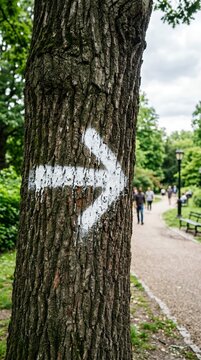White Arrow Painted on Tree Trunk in Park Guiding Path.