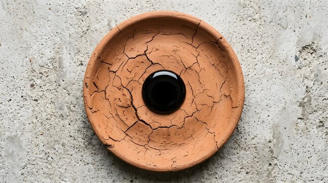 Cracked terracotta clay dish holding a glossy black liquid drop on a textured concrete surface for minimalist organic design concepts