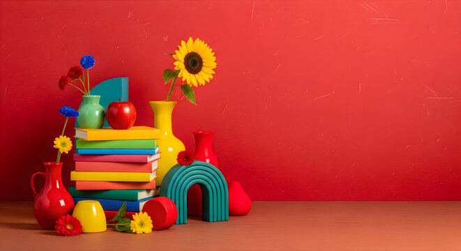 Still life arrangement with sunflowers vases books and apples on a red background