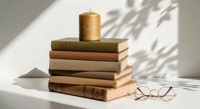 Golden candle and stacked vintage books with glasses on a white surface