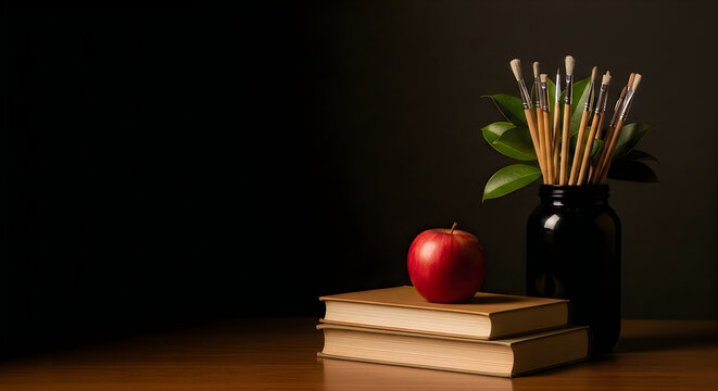 Still life with paintbrushes red apple books and a glass jar on a wooden surface