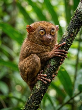 Adorable Philippine Tarsier with Large Golden Eyes Clinging to a Mossy Tree Branch in a Lush Tropical Jungle