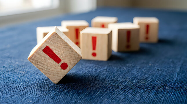 Wooden blocks with red exclamation marks on a blue textured background, representing warning, attention, risk, or important information concepts