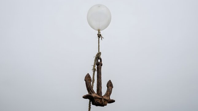 Rusty iron anchor suspended by a thin string attached to a single clear balloon illustrating precarious balance and the illusion of weightlessness
