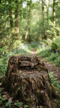 Wooden Arrow Sign on Tree Stump in Forest Path.