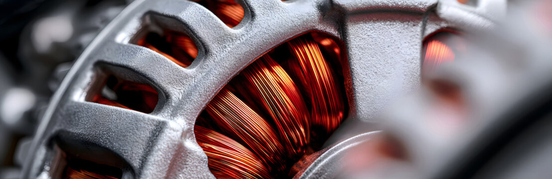 Extreme macro close-up of a modern car alternator showing copper wire windings inside the metal housing, representing automotive electrical systems, generator power, and electric motor tech.