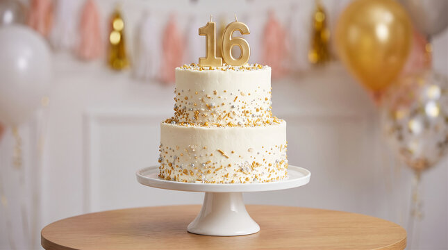 Two-tier white birthday cake with gold number 16 topper on a wooden table with festive balloons