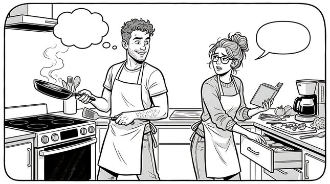 Happy senior couple cooking together in kitchen line art illustration with empty speech bubbles for text