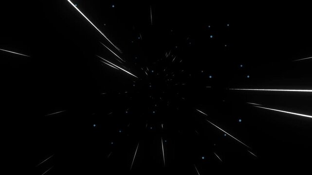 Cinematic 3D hyperspeed space tunnel with bright light streaks rushing around the camera at high speed, creating a futuristic sci-fi travel effect against a solid dark background.