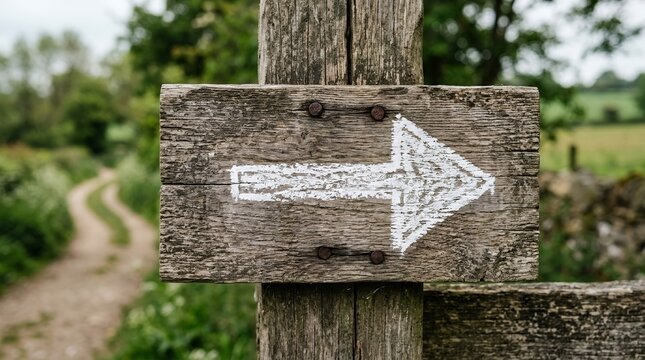Wooden signpost with white arrow pointing right on a rural path.