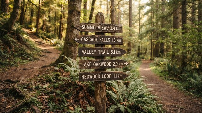 Wooden signpost in a lush green forest with multiple trail directions.