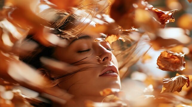 Woman's face through falling autumn leaves, dreamy motion blur concept