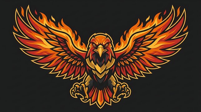 Majestic fiery phoenix with spread wings, detailed fantasy emblem isolated on dark background, symbolizing rebirth, power, strength, and transformation