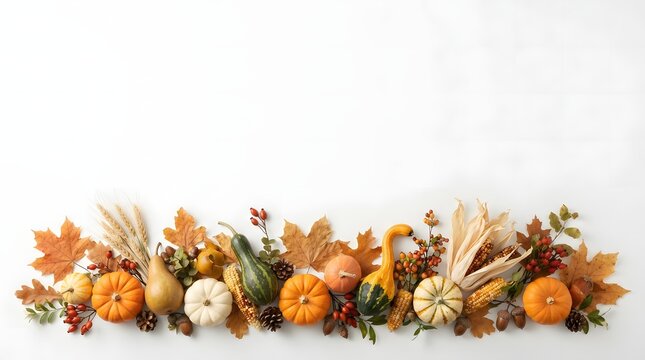 Autumn harvest border with pumpkins, gourds, and dried leaves on white background