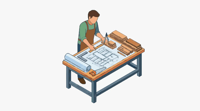 Industrial of Carpenter Examining Blueprints with Wooden Materials and Tools on Workbench with high quality professional line art symbols for modern creative design and digital branding projects
